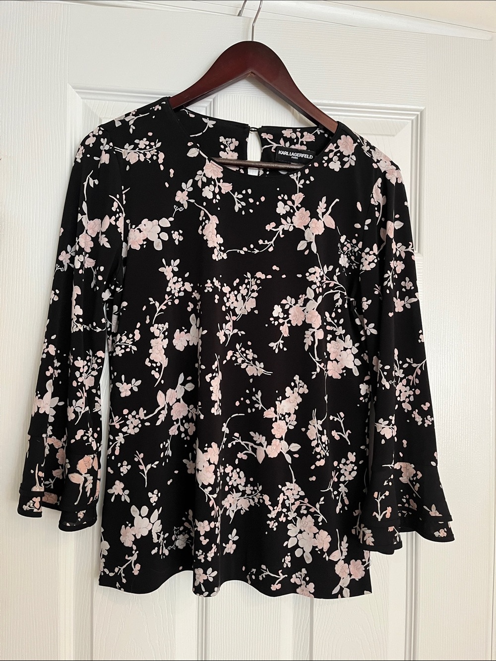 Karl Lagerfeld Black Top with Pale Pink Floral Print